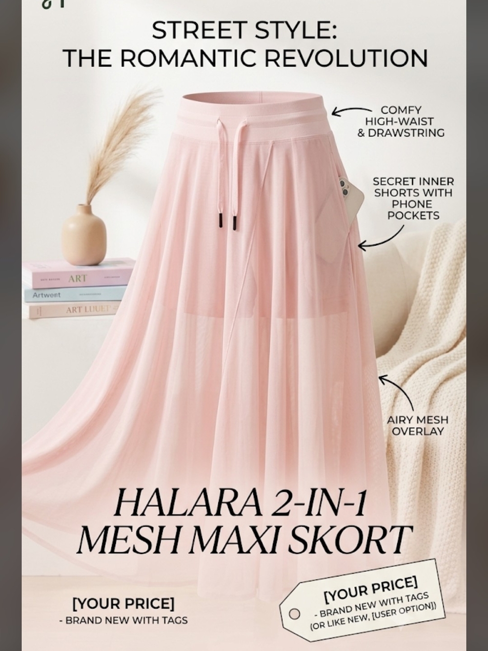 HALARA Mesh Maxi Skort in Light Pink